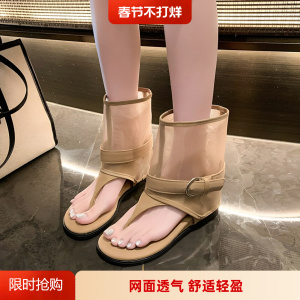 网面内增高夹趾罗马凉鞋女新款