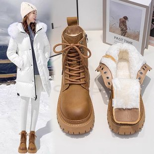 厚底大黄靴登山鞋 2024新款 马丁靴加绒女鞋 短靴雪地靴 白鹿同款