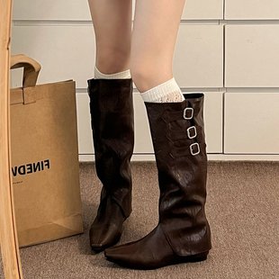 感皮带扣两穿内增高高筒靴女2024秋冬新款 管靴英伦百搭靴子 裤