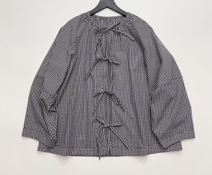 26春夏新款 法式蝴蝶结黑白格子衬衫宽松休闲百搭长袖衬衫女士