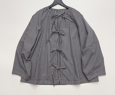 26春夏新款 法式蝴蝶结黑白格子衬衫宽松休闲百搭长袖衬衫女士