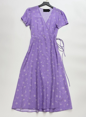 反季特价！小众紫色星月印花裹身V领真丝连衣裙茶歇裙女士