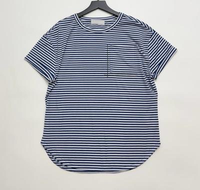 特价25早秋 小众法式纯棉复古圆领蓝色条纹口袋短袖T恤上衣