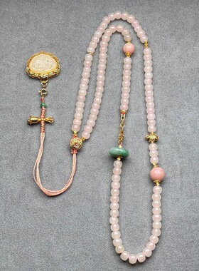 天然藕粉和田玉老型珠项链复古新中式国风莲花平安锁玉髓毛衣链女