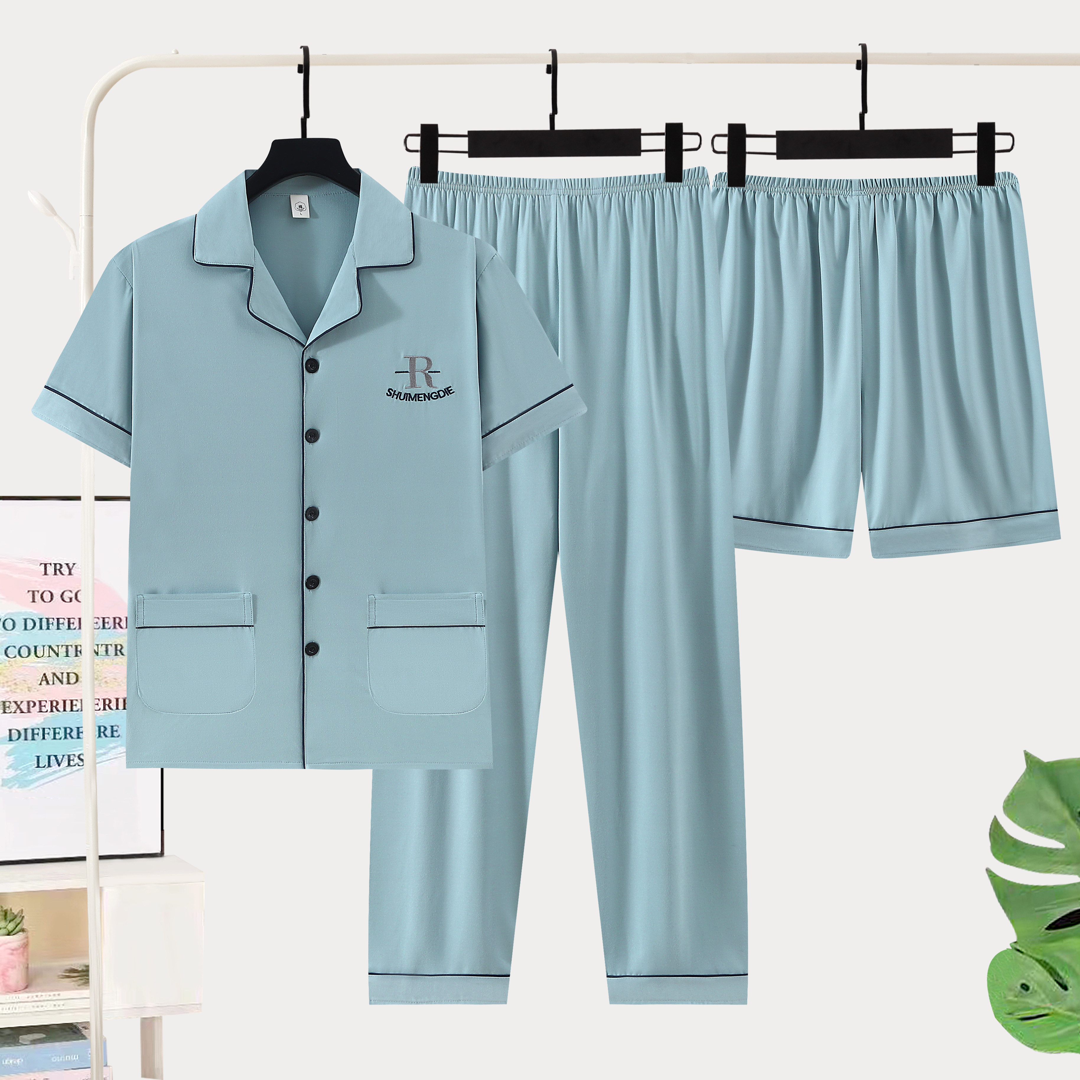 新款100纯棉男士睡衣夏天薄款短袖短裤长裤三件套家居服休闲套装