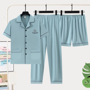 新款100纯棉男士睡衣夏天薄款短袖短裤长裤三件套家居服休闲套装