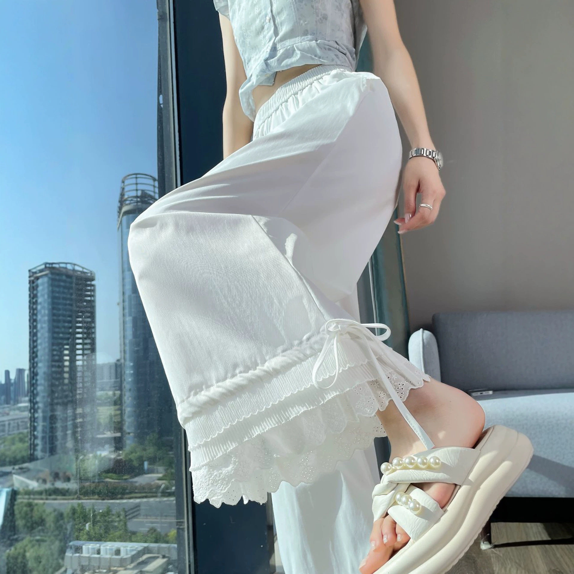 蕾丝花边拼接白色阔腿裤女夏季冰丝棉两穿直筒裤宽松休闲裤A11827
