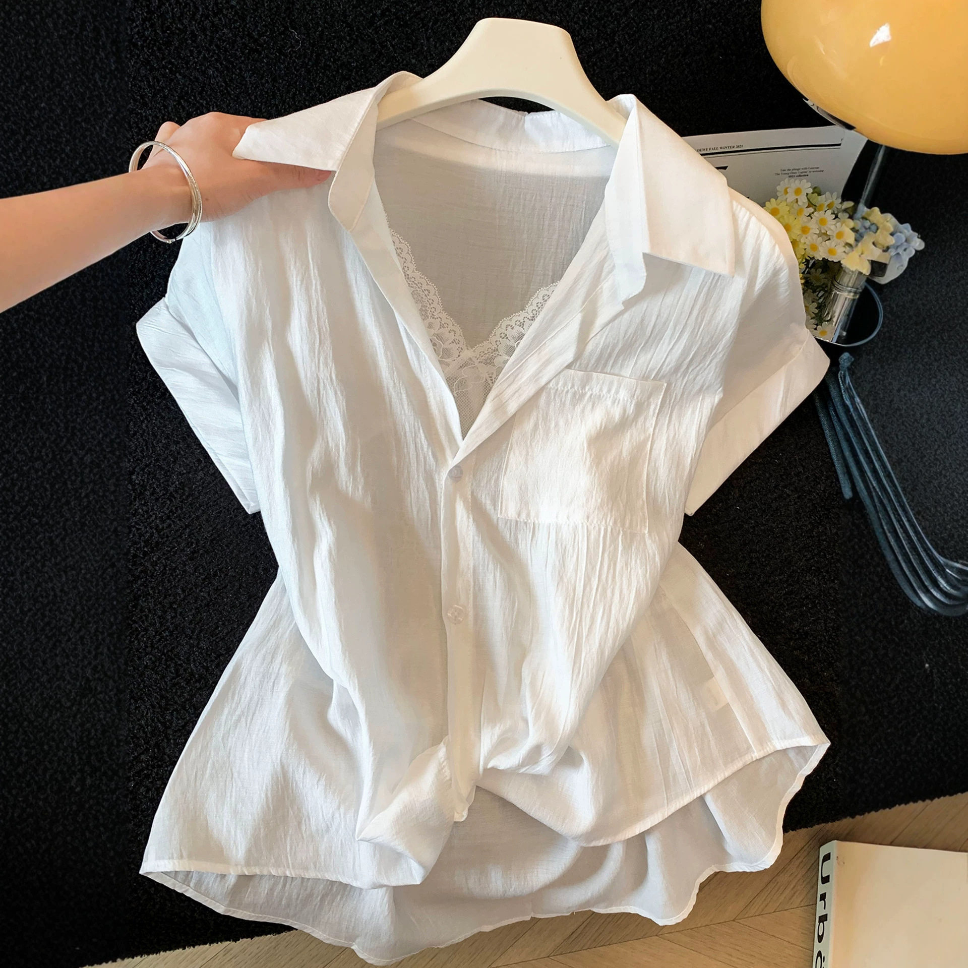 夏季新款设计感刺绣polo领白色短袖衬衫女夏季气质开衫上衣A11801