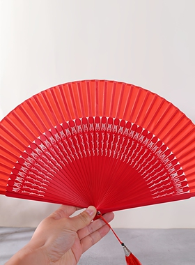 全红色扇子舞蹈扇古风女式跳舞扇汉服随身折扇模特旗袍走秀22厘米