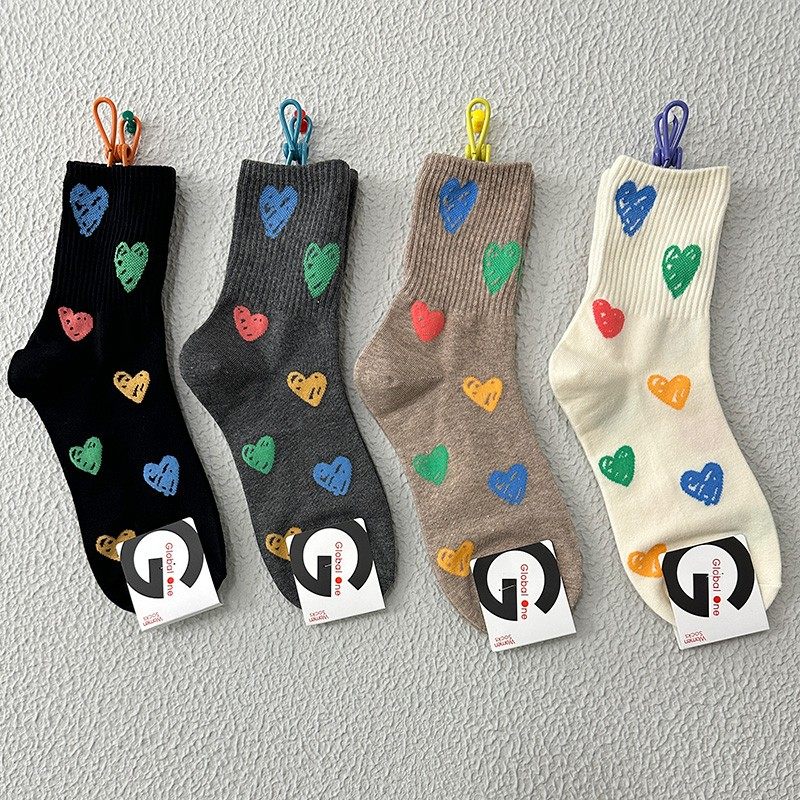 韩国进口袜子女东大门GLALALANE秋冬新款涂鸦爱心可爱甜美中筒袜