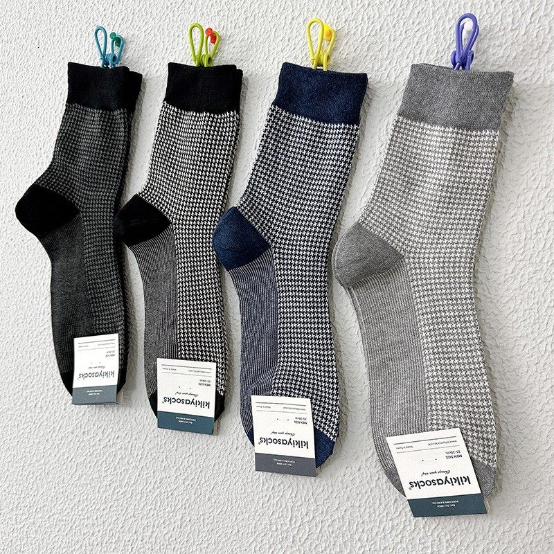 韩国男袜kikiyasocks东大门进口袜子春秋吸汗棉千鸟格商务中筒袜