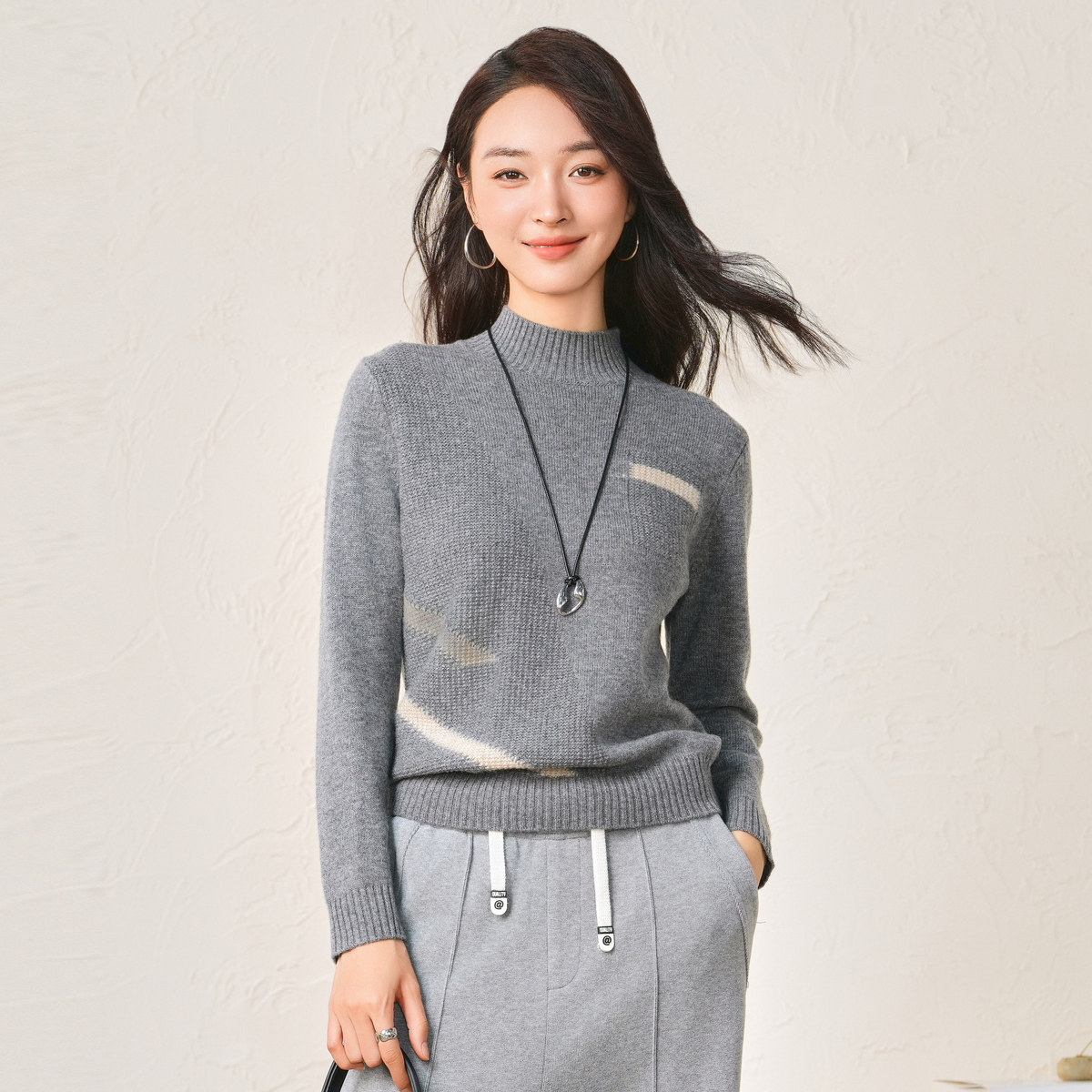 春竹~25秋冬新款半高领100%绵羊毛女套衫长袖拼接针织上衣女