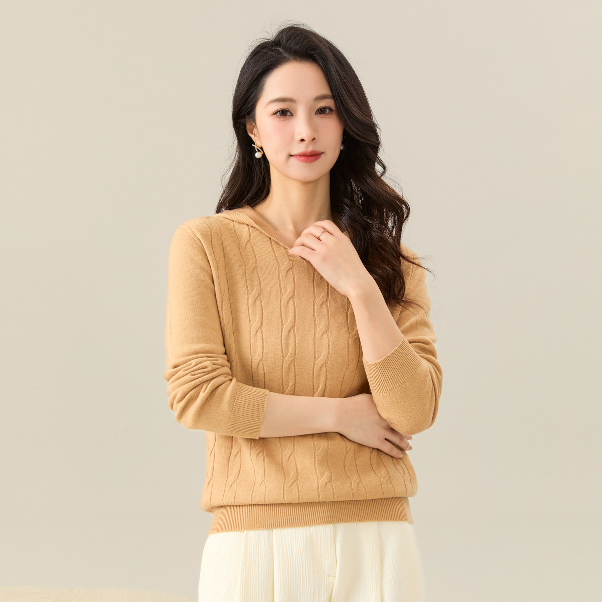 春竹正品春季新款100%羊毛连帽卫衣毛衣绞花减龄洋气纯色女羊毛衫