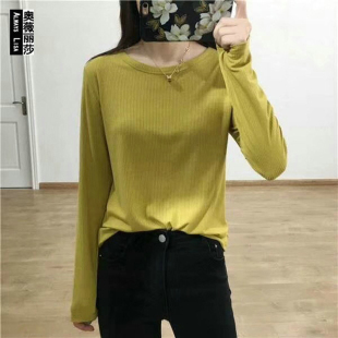 t恤打底衫 弹力螺纹棉面膜上衣大圆领显瘦长袖 新款 2020高品质秋季