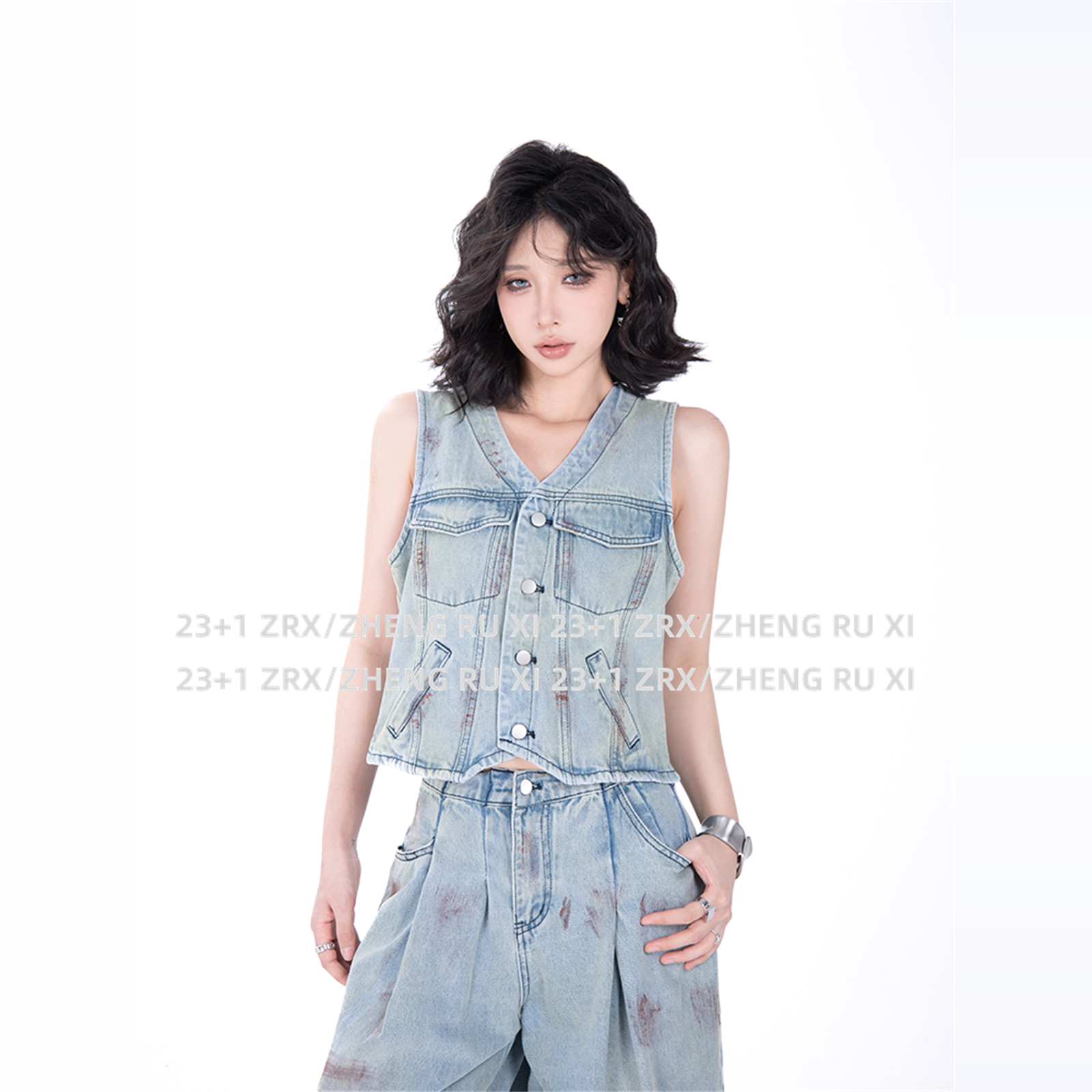 付新博女装设计感牛仔套装女复古绑带马甲背心+阔腿裤两件套13854