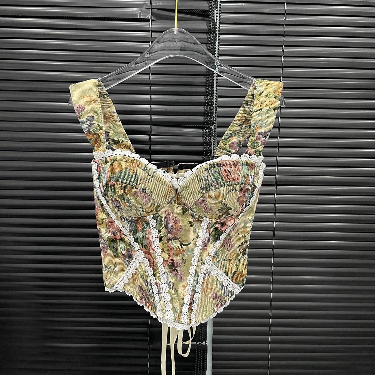 付新博女装复古蕾丝碎花鱼骨背心女小众辣妹修身显瘦上衣13812