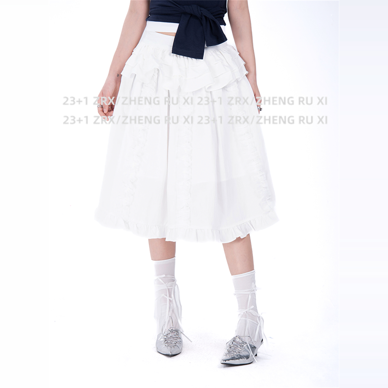 付新博女装立体木耳朵花边半身裙女小众时尚显瘦A字裙中长裙13887