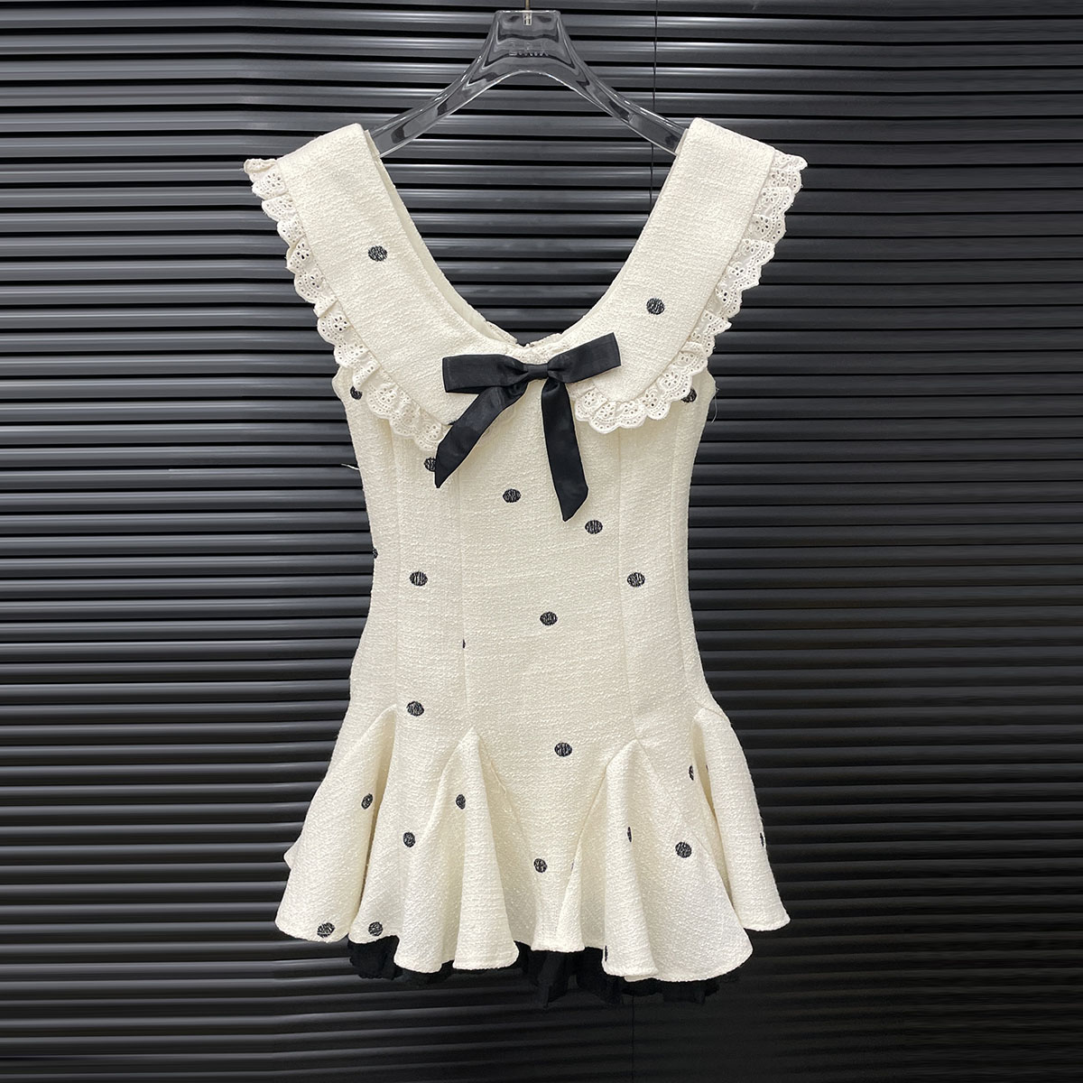付新博女装波点蝴蝶结连衣裙女小众设计法式小飞袖拼接短裙14695