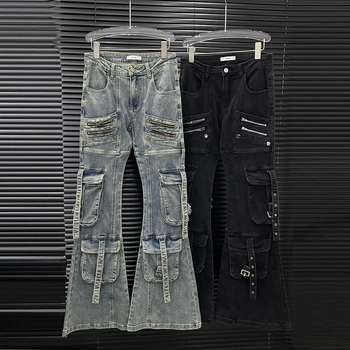 付新博女装美式复古做旧牛仔裤女小众重工口袋工装喇叭长裤13949