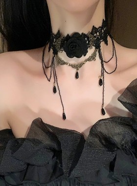 铜合金布艺项链 黑色蕾丝项链女项圈流苏玫瑰花颈带choker暗黑系