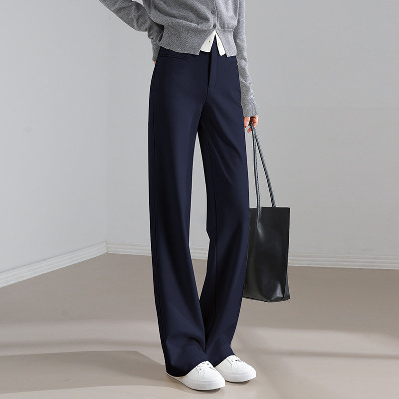 藏青色夏季春秋裤子直筒裤女显瘦休闲裤高腰西装裤垂感窄版阔腿裤