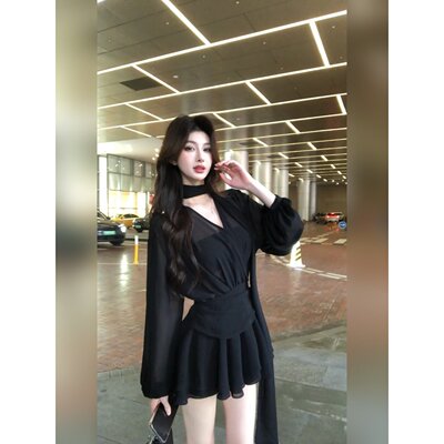 法式黑色飘带雪纺长袖洋