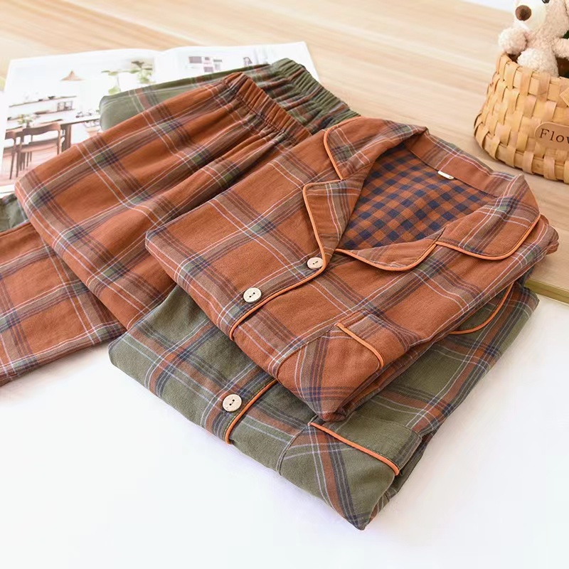 新款!全棉双层纱色织格子睡衣家居服  情侣套装 长袖长裤四季款