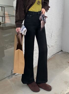 25冬新款加厚显瘦高腰保暖丝巾复合黑色加绒微喇牛仔长裤女22740