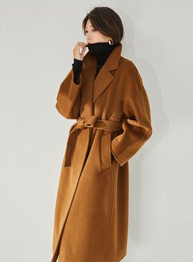 盛宏25秋冬新款M家双面呢分割翻领珠边线羊毛长款大衣外套女11219