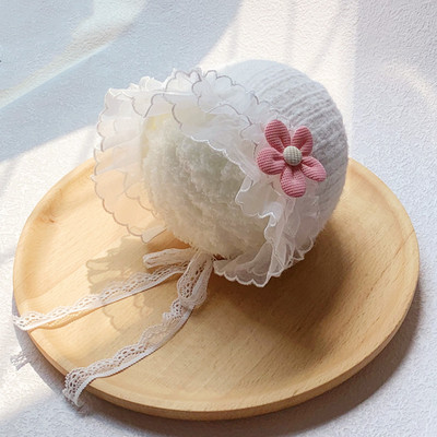 秋冬婴幼女宝宝加绒宫廷花边新生儿童公主帽子加厚保暖0-3-6个月