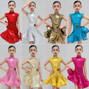 2026高端拉丁服亮面女童高领包肩袖分体拉丁舞比赛练功表演服套装