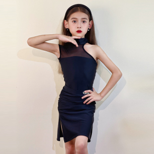 女童拉丁舞练功服儿童不规则亲肤网纱上衣半裙训练服专业舞蹈套装