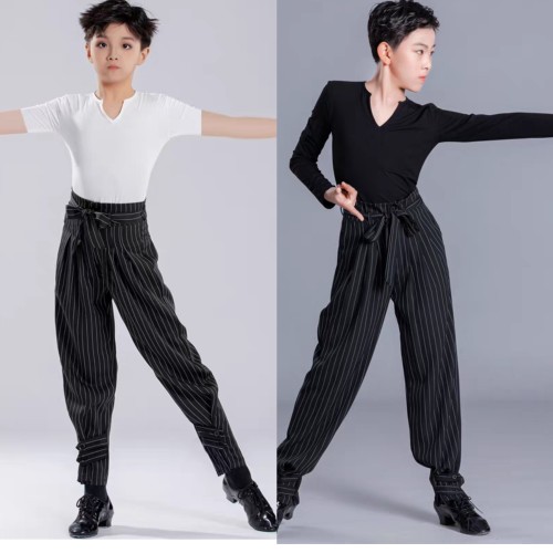拉丁舞蹈训练功服男童秋冬新款少儿童训练黑裤舒适V领长短袖男t恤