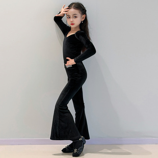 新款高级感长袖拉丁舞服女童日常舞蹈练功服冬装跳舞上衣裤子套装