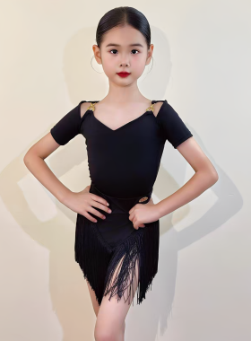 拉丁舞服女童舞蹈训练功表演连体上衣短袖流苏裙儿童黑色上课套装