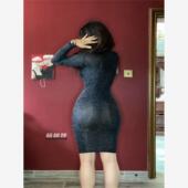 黑色性感显瘦修身 透视包臀长袖 连衣裙女弹力中长裙弯腰会透擦边女