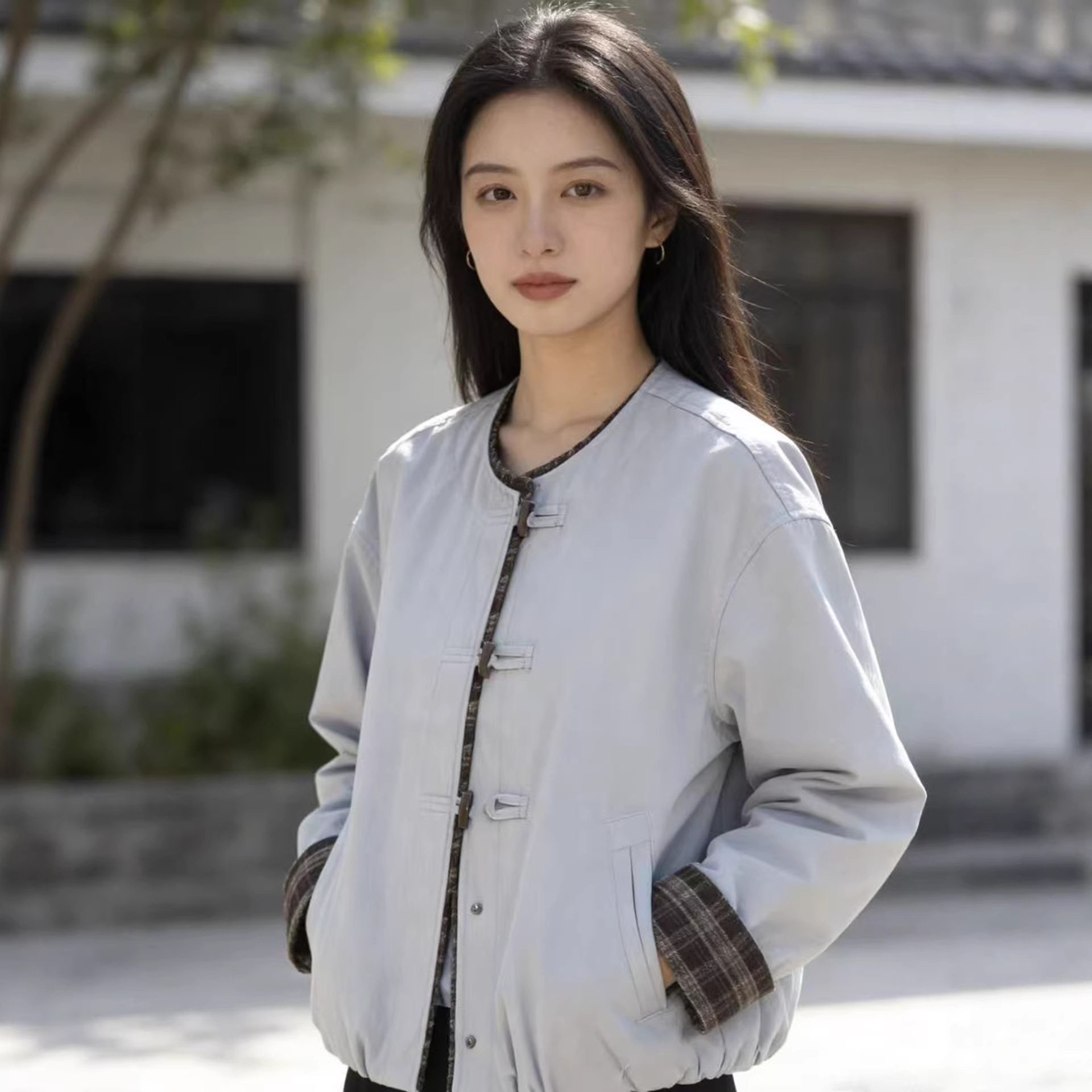 复古国风短外套女2026春季新款宽松轻薄格纹拼接宽松显瘦春款外套