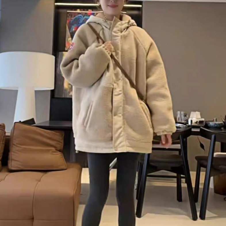 欧货加棉加厚羊羔毛连帽外套女2短外套