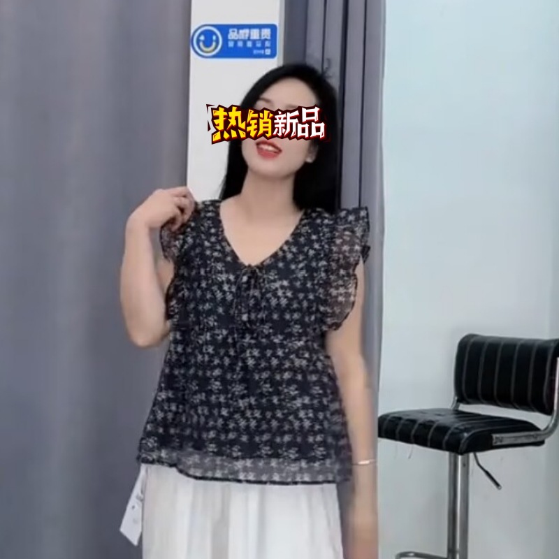 碎花衬衫女2025新款爆款夏季独特漂亮小衫无袖轻奢感雪纺上衣