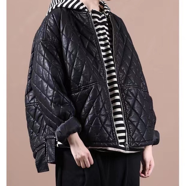 秋冬菱形格皮衣外套女宽松休闲加棉加厚保暖外套开衫显瘦夹克皮衣