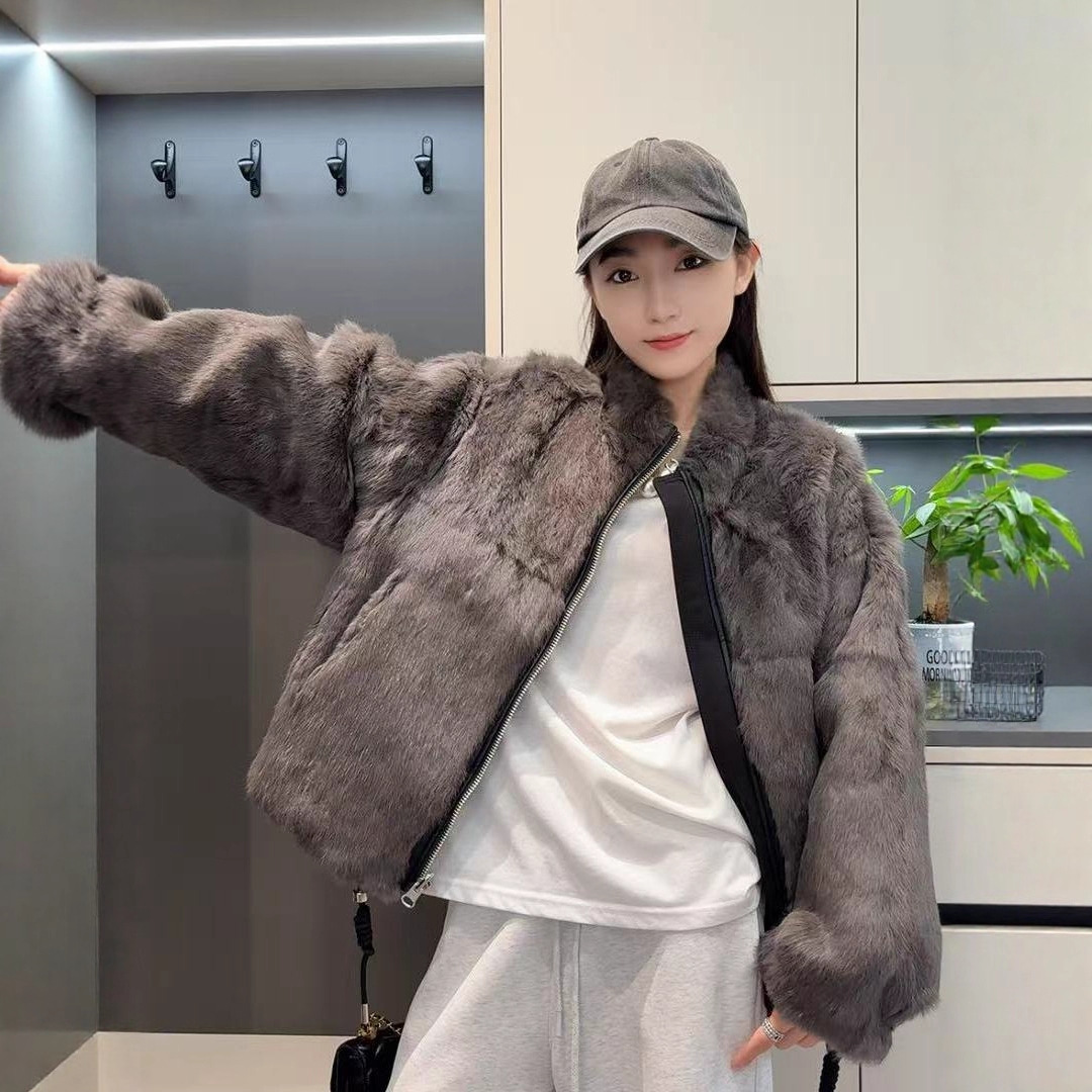 冬装新款安哥拉兔毛皮草女短款立领拉链外套宽松保暖双面穿派克服