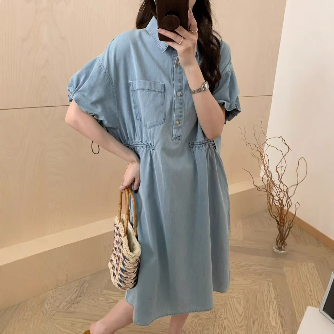 25年夏款牛仔连衣裙短袖女宽松休闲韩版学院风中长款裙子显瘦时尚