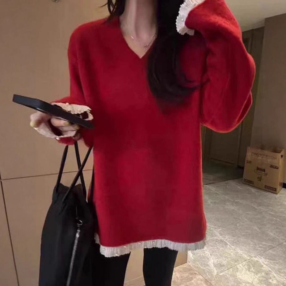 慵懒风v领蕾丝拼接下摆打底衫女2025新款中长款遮肉宽松内搭上衣
