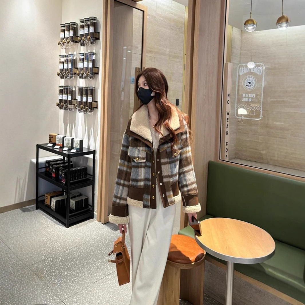 韩版格纹加厚棉衣外套女2024冬季新款宽松休闲翻领棉服上衣潮