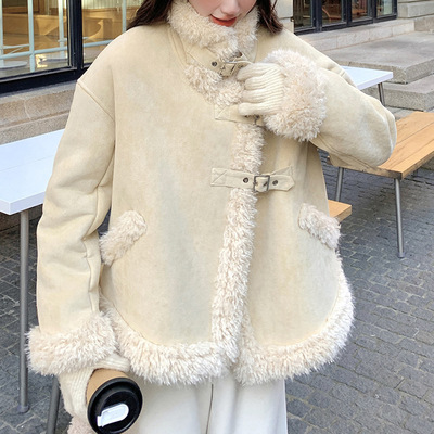 感皮毛一体外套女2025冬季韩系减龄机车服加厚仿糕毛棉衣短款