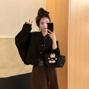 设计感立领短款棒球服外套女欧洲站2025秋季新款百搭褶皱夹克上衣