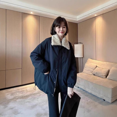 羊羔毛翻领可拆卸派克棉服女2024冬季新款休闲工装加厚冲锋衣潮