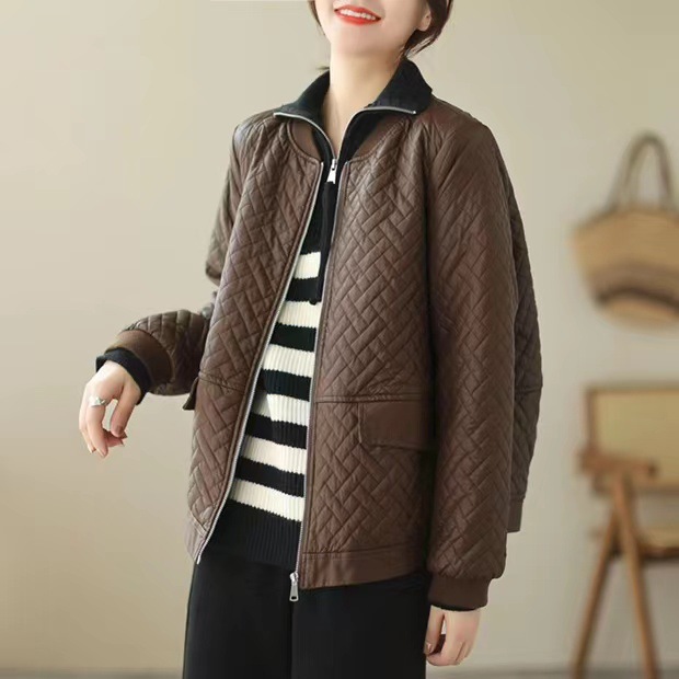 秋冬新款皮衣外套女宽松休闲夹棉加厚保暖立领开衫外套菱形格棉服