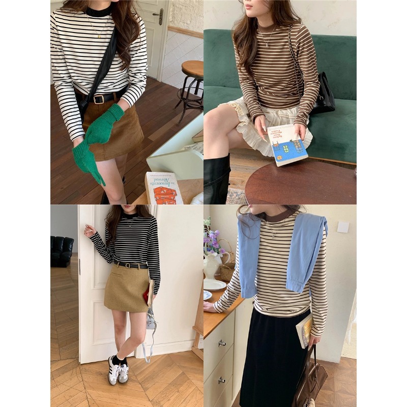 3th Morning 音符交错 设计感小众条纹撞色T恤打底衫ZY3561