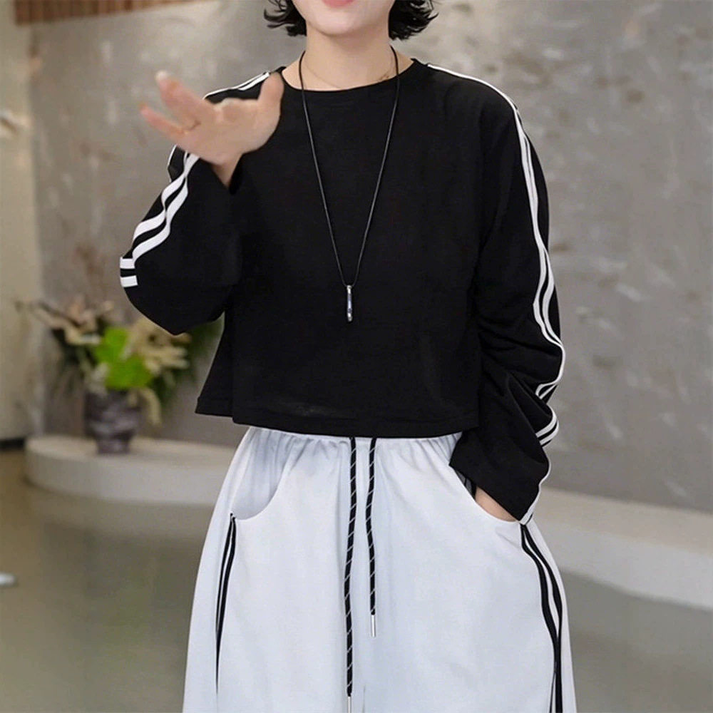 欧货2026夏季新款圆领微透侧条纹露背长袖T恤女休闲防晒衫上衣潮